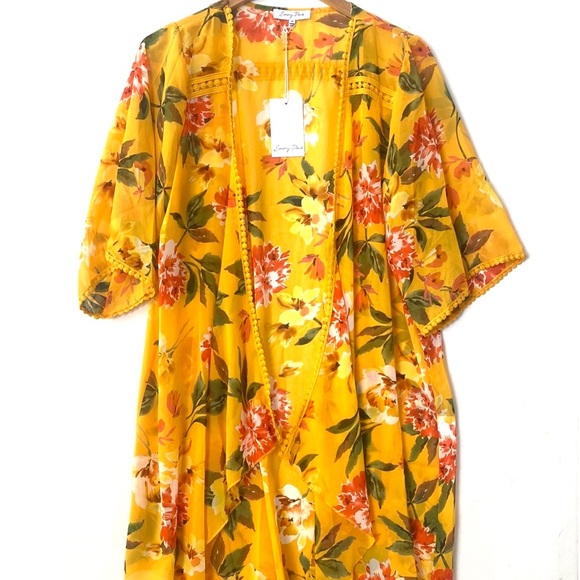 (B9) Emory Park Kimono Womens Medium Yellow Orange Floral Open Face Cardigan NWT - Picture 1 of 8